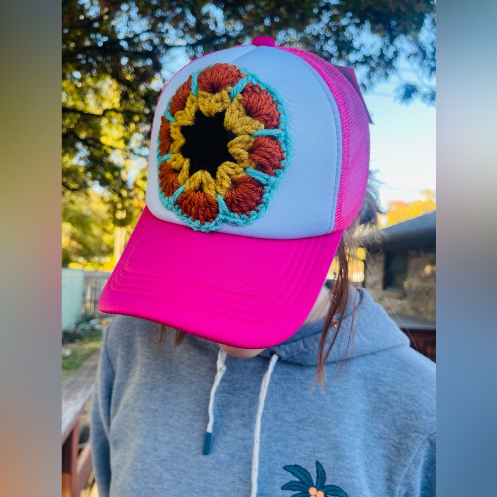 Pink Trucker Hat with Crochet Sunflower Design